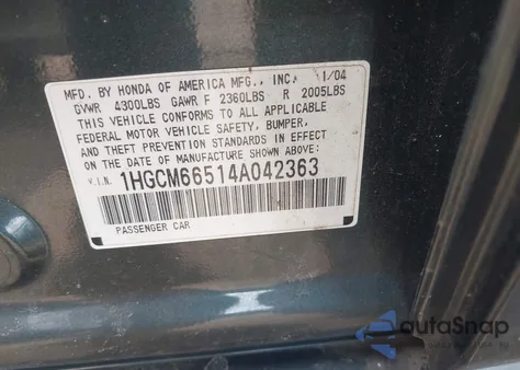 2004 Honda Accord 3.0 Ex from USA, damaged, VIN 1HGCM66514A042363